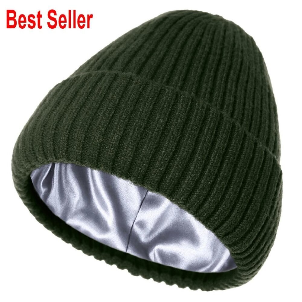 Satin Lined Beanie Wool Knit Winter Hat Unisex Chic Cozy Warm Cuffed